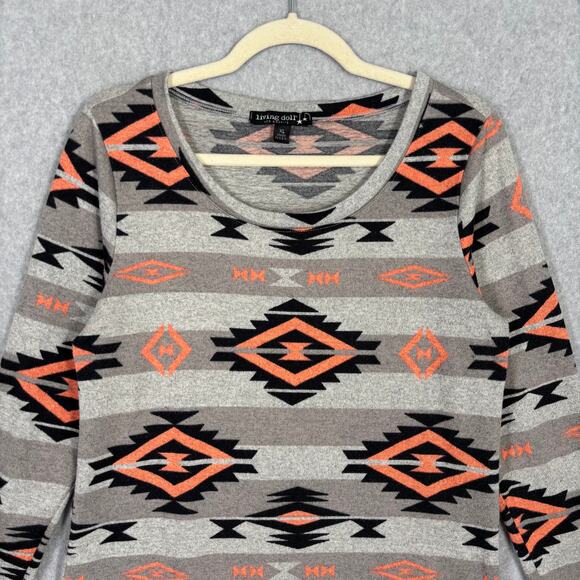 Living Doll Sweater Womens‎ XL Tan Gray Aztec Southwestern Tribal Tunic Thin - Picture 2 of 9